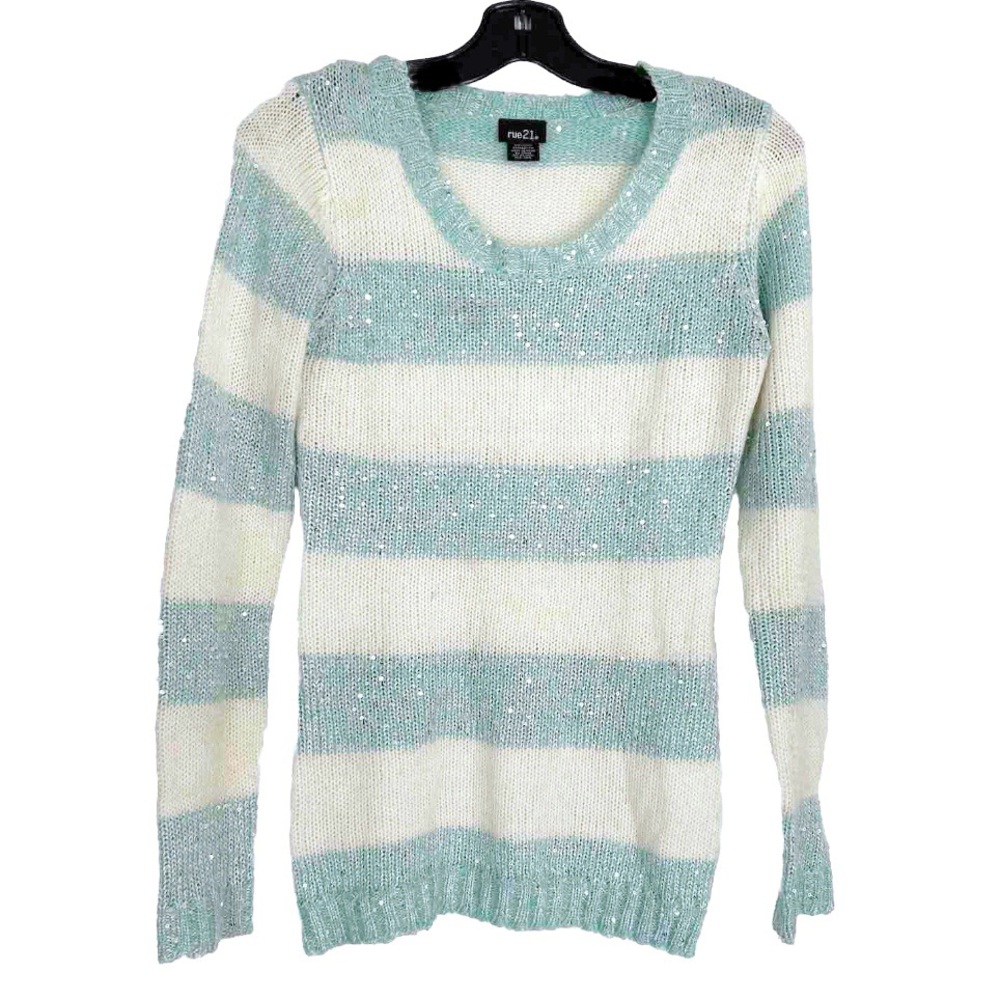 Rue 21 Sparkly Sequin Light Blue and White Striped Wool Knit Sweater Warm Skater